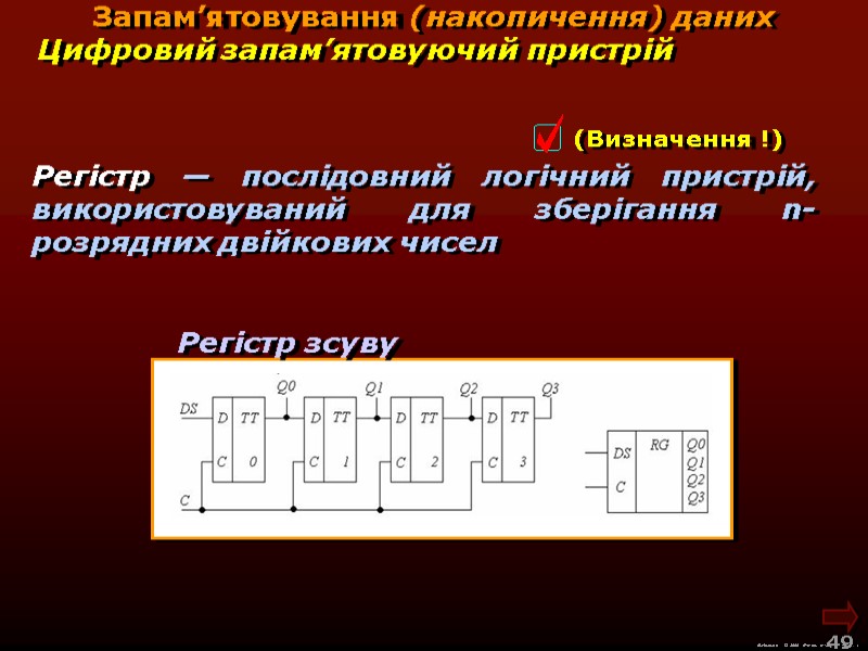 М.Кононов © 2009 E-mail: mvk@univ.kiev.ua 49 Регістр — послідовний логічний пристрій, використовуваний М.Кононов © 2009 E-mail: mvk@univ.kiev.ua 49 Регістр — послідовний логічний пристрій, використовуваний